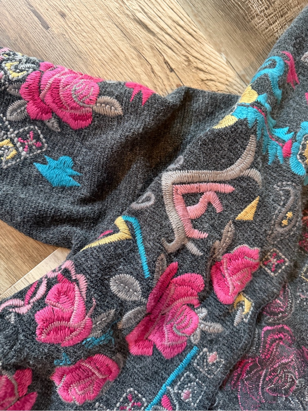 Johnny Was Biya Charcoal Cardigan with Pink and Turquoise Embroidery, Hooded - Picture 5 of 7